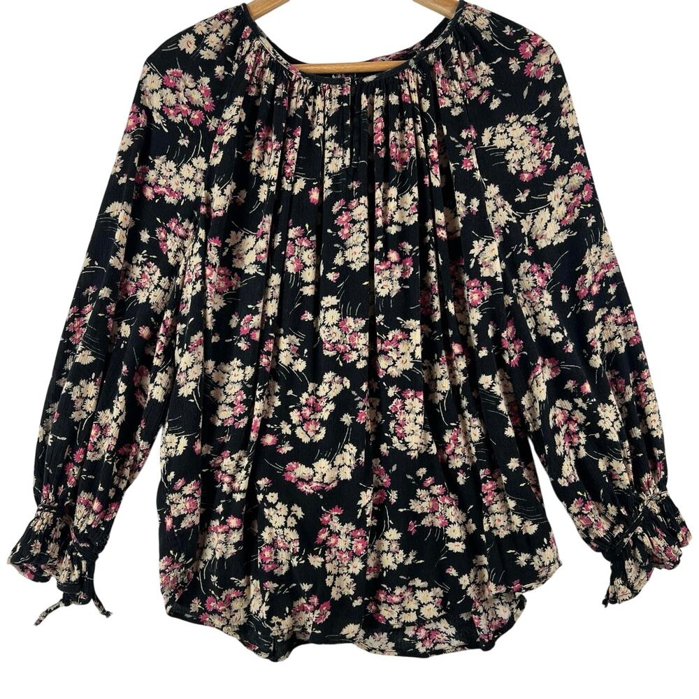Chaps Ralph Lauren Womens Peasant Blouse L Black Floral Oversized Tie Cuff Boho